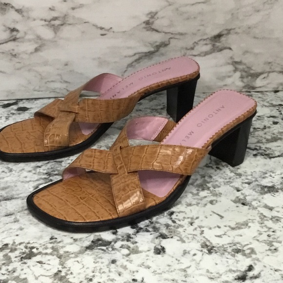 Antonio Melani Leather Tan Open Toe Mule/Slide W/Stack Block Heel - Picture 6 of 10